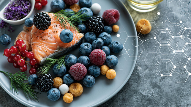 Longevity meal with antioxidant rich ingredients and molecular overlays for healthy aging nutrition science concept