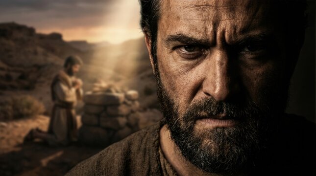 Ancient faith betrayal: Cain's dark stare, Abel's meek worship, divine Bible lesson, human religion sacrifice, brotherly envy, tragic consequence.