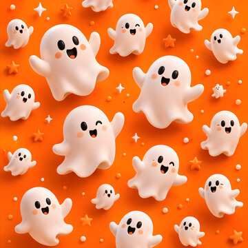 Cute 3D Halloween seamless pattern with funny little ghosts on orange background