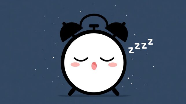 Minimal cute illustration of sleeping anthropomorphic alarm clock with sleepy facial features, black casing, top bells and feet, scattered white speckles and zzz text on solid dark blue