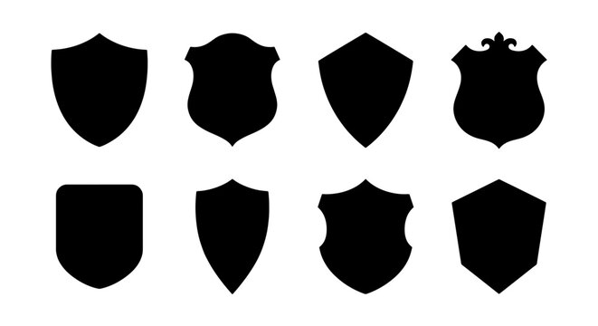 Shield Icons Set, Emblem Shapes, Heraldry Badges, Security Vector Graphics