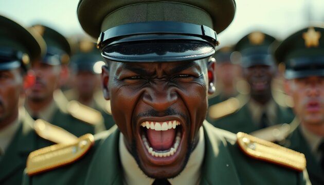 Military officer yells intensely at soldiers in formation. Aggressive commander shouts commands during training drill. Men in uniform look serious, follow orders in outdoor camp.
