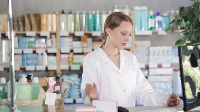 Young pharmacist stands near the computer and checks the availability of goods in the pharmacy. Blonde woman working in pharmacy. High quality 4k footage
