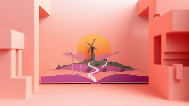 Abstract pink room contains open book. Landscape scene depicts windmill, hills, sun, river. Minimalist style, warm colors dominate composition.
