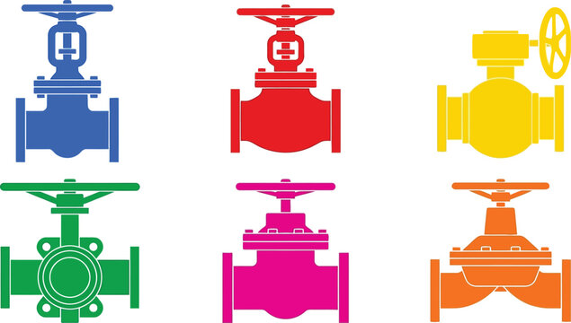 Set of colorful industrial gate valves flat vector illustrations for plumbing and engineering designs isolated on a white background