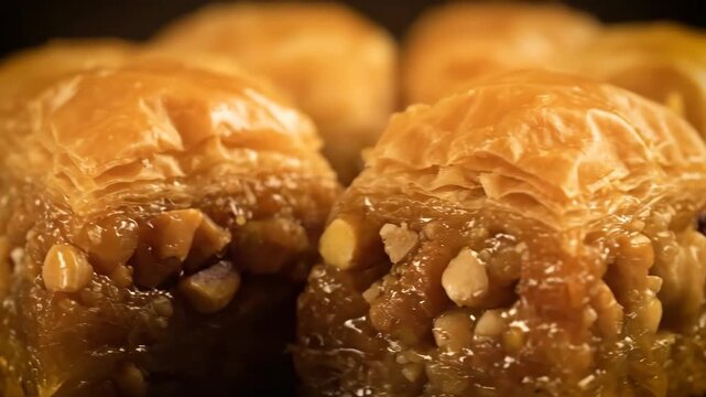Extreme close up of golden baklava dessert with flaky filo dough and chopped nuts soaked in sweet honey syrup against a dark background