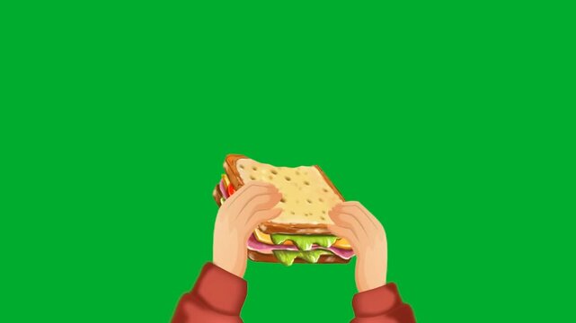 2d animated Hands holding sandwich burger food piece tightly in front view frame animation on green screen. Human arms wearing red sleeves grasping fresh delicious triple layer snack bread meal