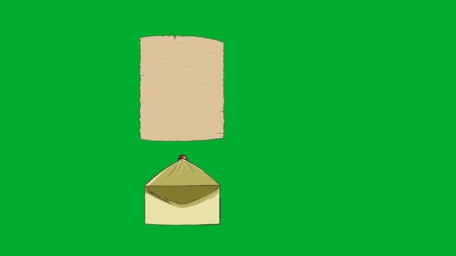 2d animated Letter document pulling out of an open paper envelope pouch layout frame animation on green screen. Postal mail message delivery, reading news or business contract notification concept
