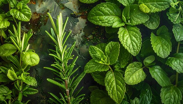 Hierbas arom&aacute;ticas frescas con hojas verdes sobre fondo natural en composici&oacute;n bot&aacute;nica
