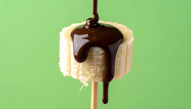 Rodaja de pl&aacute;tano cubierta con chocolate derretido sobre fondo verde en composici&oacute;n dulce minimalista