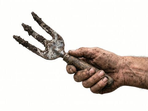A dirty hand holding a small garden fork covered in soil isolated on white background.