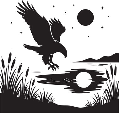 Silhouette of an eagle soaring over a lake at sunset with mountains in the background, Generative Ai