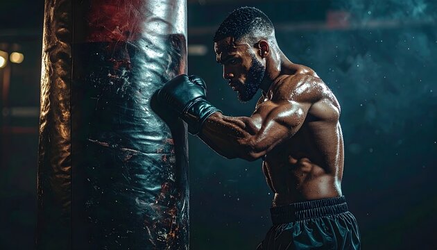 Boxeador entrenando con saco de boxeo en gimnasio oscuro con iluminaci&oacute;n dram&aacute;tica