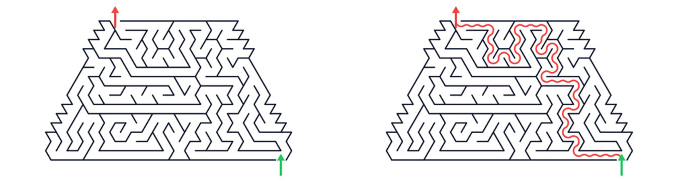 Minimalist trapezoid labyrinth puzzle vector illustration in black white green and red representing logic game problem solving challenge. Set 0106-2 [with copy space]
