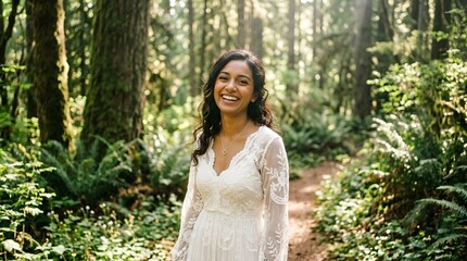 Naklejka premium Smiling woman in white lace dress in sunlit forest, outdoor portrait