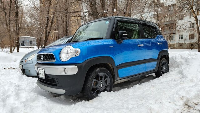 Russia, Samara. February 25, 2025. A front view of the magnificent Japanese car, the Suzuki Hustler.