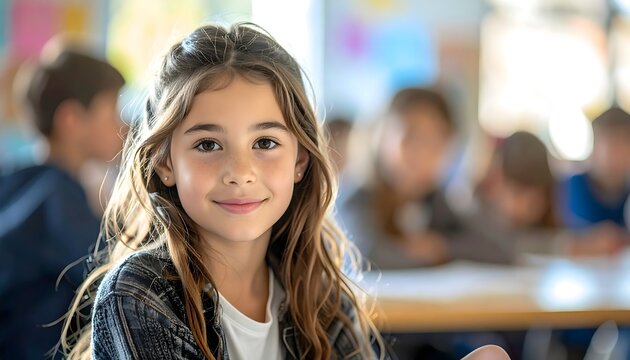 Ni&ntilde;a sonriendo en un aula con compa&ntilde;eros desenfocados al fondo en ambiente escolar luminoso