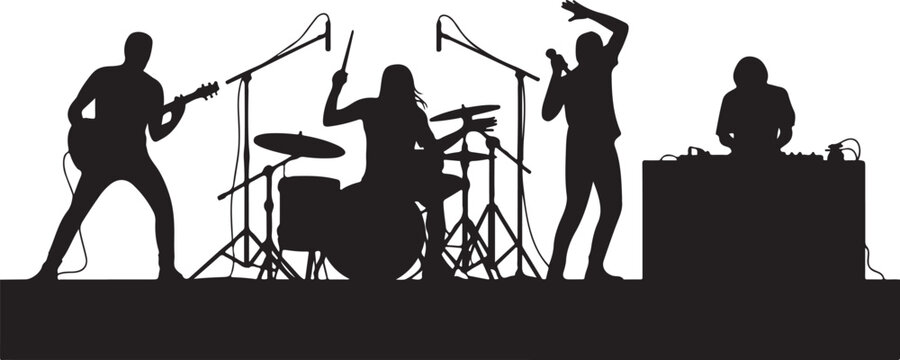 Silhouette of a music band performing on stage with a guitarist, drummer, singer, and dj