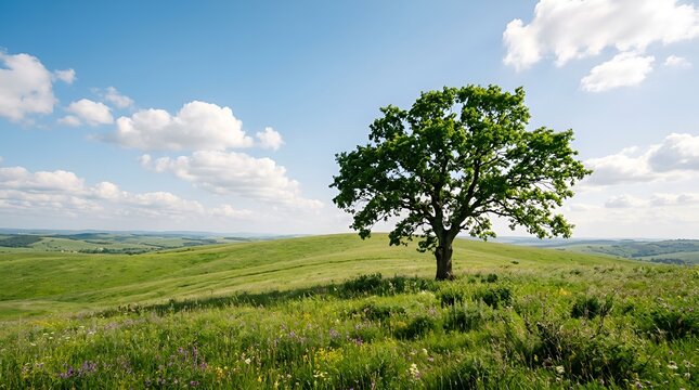 Solitary Green Oak Tree on Rolling Hillside Under Blue Sky with Clouds