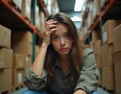 Young woman tiredly sits on floor between tall warehouse shelves piled high with brown cardboard boxes. She holds hand to her forehead looking down, weary and discouraged by her job.