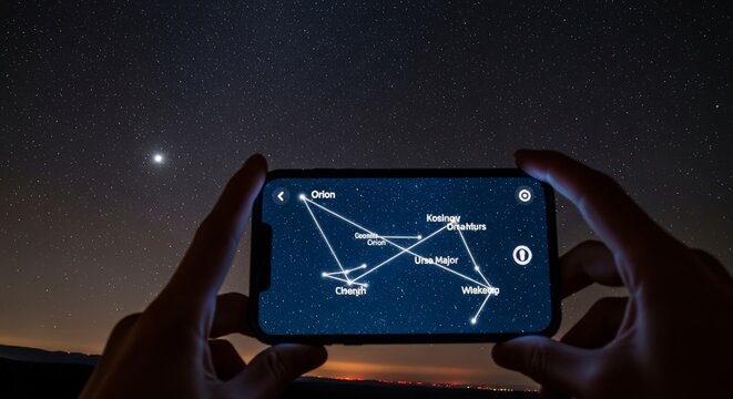 Person using smartphone to identify constellations.