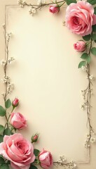 Obraz premium Pink roses and small white flowers frame a pale yellow background. Delicate floral vines adorn the border, suggesting a romantic or vintage theme for invitations or cards.