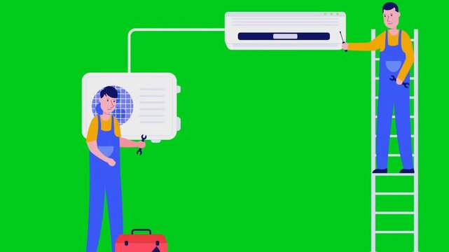 2d animated Workers fixing conditioner split unit appliance standing on ladders in front of a  key background frame. Professional master electricians uniform mechanics animation loop.