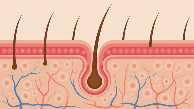 Cross-section of human skin layers showing hair follicles and blood vessels for dermatology and medical educational studies.