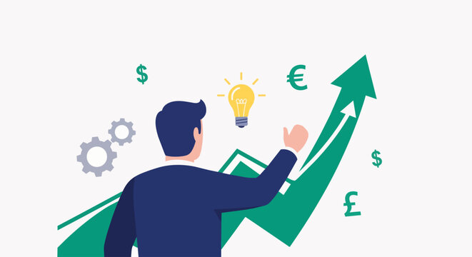 Man in suit reaching towards bright lightbulb and rising financial graph with currency symbols, concept for business growth, investment strategy and success.