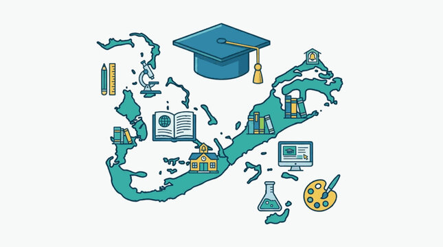 Education and Learning Symbols on Bermuda Map Illustration.