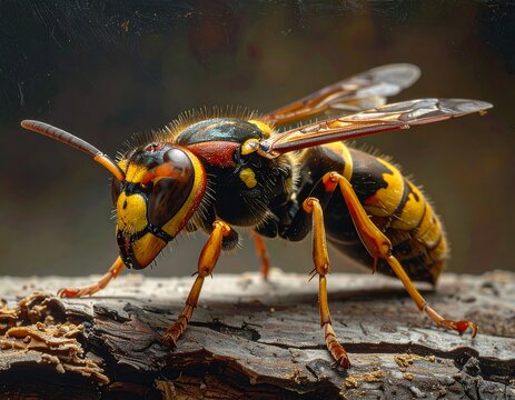 Macro shot of a stinging insect with black and yellow markings, resting on a brown, weathered piece of wood