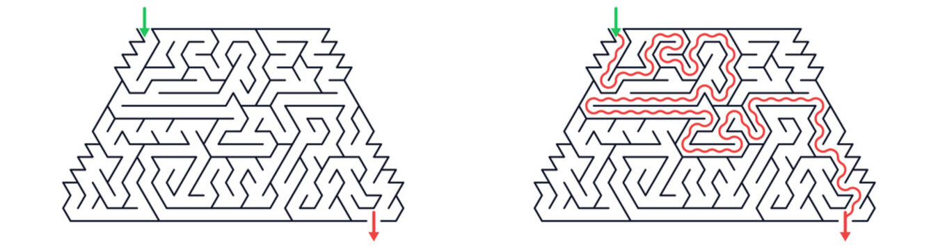Minimalist trapezoid labyrinth puzzle vector illustration in black white green and red representing logic game problem solving challenge. Set 0106-3 [with copy space]
