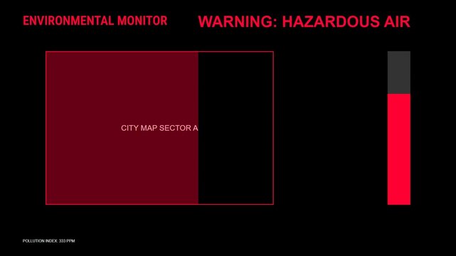 Environmental monitor digital HUD interface with pollution index and city map