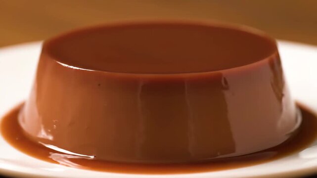Decadent shiny brown flan or panna cotta dessert topped with rich caramel sauce, photographed in a close-up food shot.