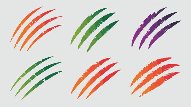 Collection of colorful claw marks and scratches in various colors like green and orange for wild animal attack concepts.