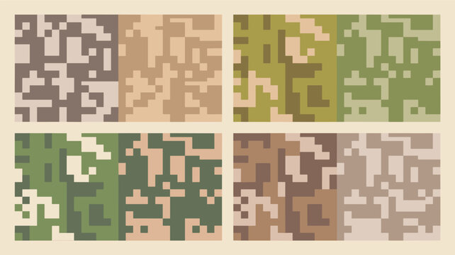Set of digital camouflage patterns in four different color schemes for military and tactical background design applications.