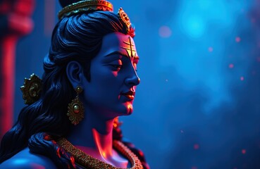 Obraz premium Blue skinned deity Lord Shiva face profile, decorated with gold jewelry. Divine being with third eye symbol on forehead, contemplating existence. Spiritual atmosphere for Hindu festivals and worship.