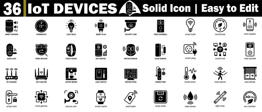 Smart IoT devices solid icons set. Featuring home automation, showing technology connectivity, sensor security, and lighting appliances.