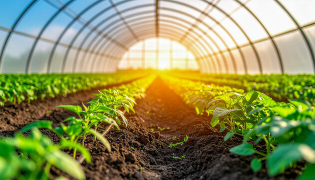 Sunlight streams into a large greenhouse illuminating rows of young plants growing in fertile soil, symbolizing agriculture and growth