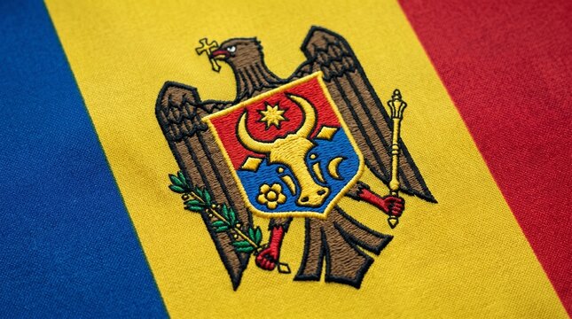 Waving National Flag of Moldova with Detailed Coat of Arms | Realistic Blue Yellow Red Silk Fabric Motion Background moldova flag waving, moldova national flag, waving flag of moldova, moldovan flag a