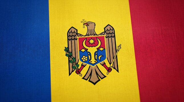 Waving National Flag of Moldova with Detailed Coat of Arms | Realistic Blue Yellow Red Silk Fabric Motion Background moldova flag waving, moldova national flag, waving flag of moldova, moldovan flag a