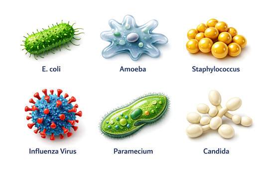 Microorganisms Illustrations E Coli Amoeba Staphylococcus Influenza Paramecium Candida