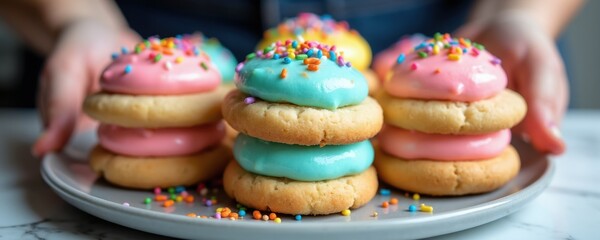 Fototapeta premium Stacks of sugar cookies topped with colorful frosting and sprinkles are served on plate. Delicious treats with bright pink, blue and yellow icing. Homemade dessert perfect for parties or celebrations.