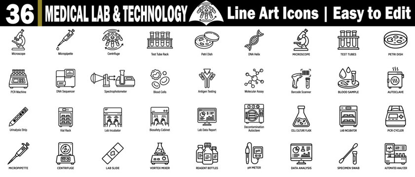 Medical lab and technology line art icons. Featuring for science research and the healthcare industry on a dark, transparent background.
