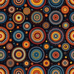 Fototapeta premium Colorful circular patterns on black background. Native aboriginal art style, geometric shapes, dots, lines, sun motifs. Repeating ethnic textile design.