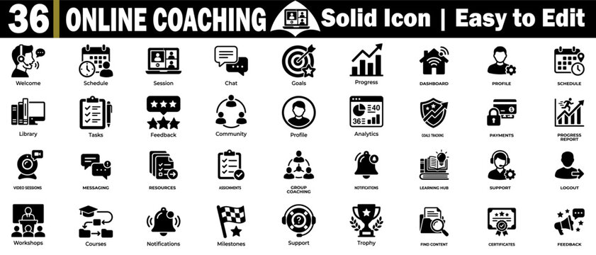 Online coaching solid icons. E-learning, distance education and personal development web systems.