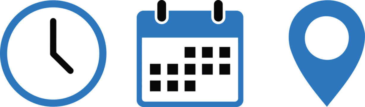 Blue time calendar and location map pin icon set for scheduling events vector illustration.