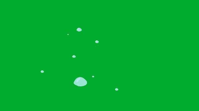 2d animated Water drops splash circles floating across screen space animation on green screen. Clear liquid rain bubbles pattern overlay effect layout representation abstract texture stream