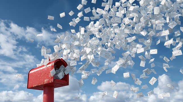 Red mailbox overflowing with flying white envelopes against a bright blue sky with clouds