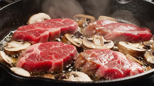 Delicious steak medallions sizzling in a cast iron skillet with fresh mushrooms, cooking process